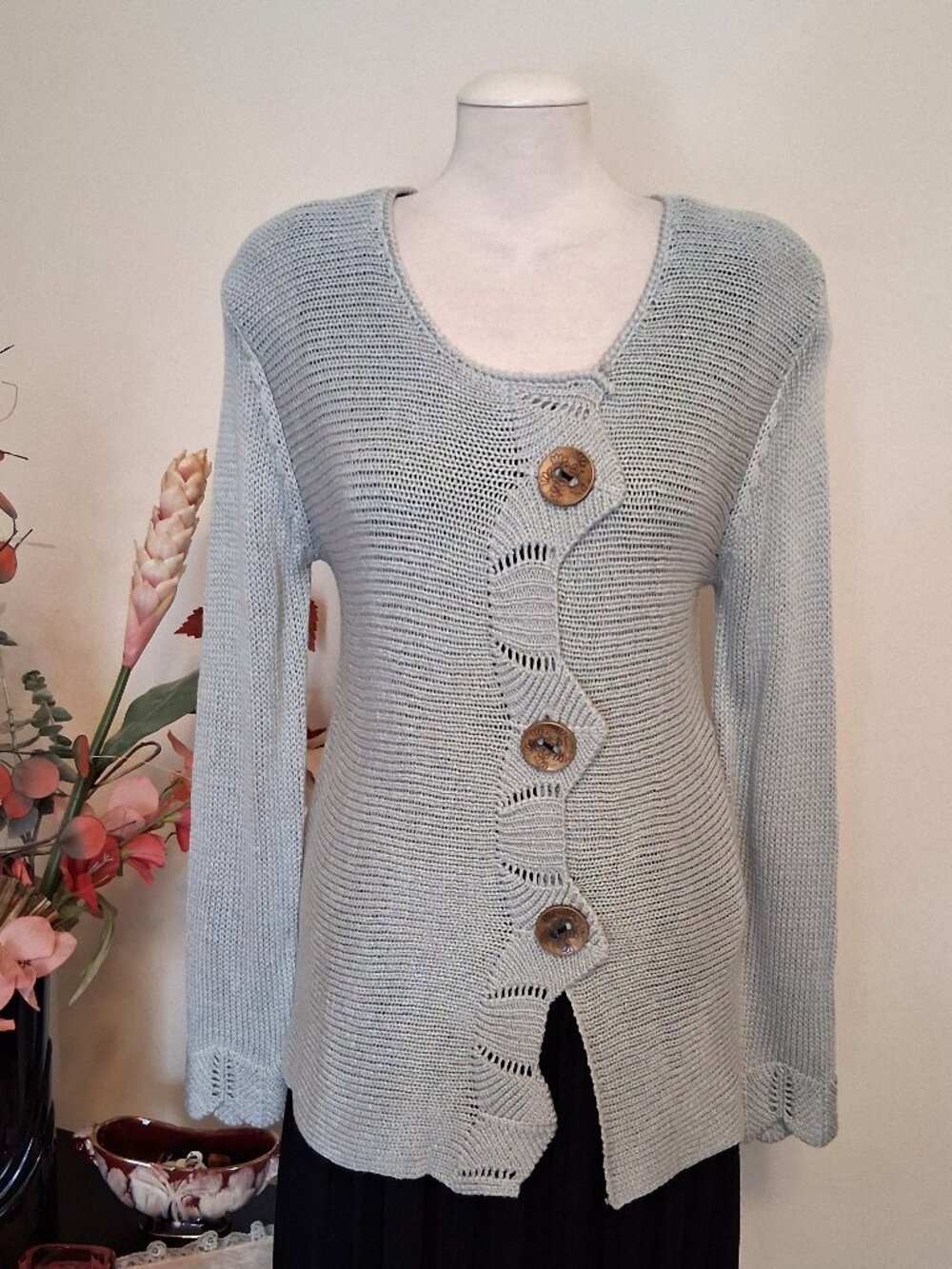 Quality Structured Knit Cardigan Sweater Women 12L Office Fall Winter Silver
